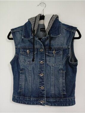 Denim Vest With Hooded Sweater Panel Medium Ranbeeri Cotton Blend Button-Up Blue